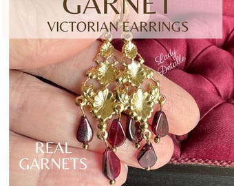 Victorian Garnet Dangle Earrings, Gold or Silver Historic Reproduction
