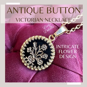 Viktorianische KNOPF Anhänger Halskette, Antike Gold schwarze FLOWER Upcycled Knopf, 16k Gold dünne rolo Kette historische Repro Halskette