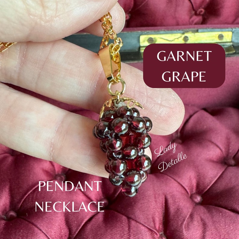 Garnet GRAPE Necklace by Lady Detalle, Reproduction Victorian real Garnet Grapes 16k gold Pendant Necklace Jewelry gift summer wine wedding image 10