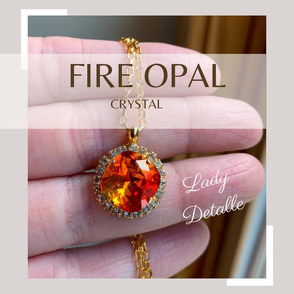 FIRE Opal Pendant Necklace, 16k Gold or Silver plated HALO Pendant red orange yellow Fire opal CRYSTAL glass stones thin rolo chain necklace