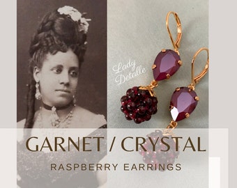 RASPBERRY GARNET Pear Earrings, Reproduction Victorian real Garnet Raspberry cluster crystal pear, gold silver, summer wedding, Lady Detalle