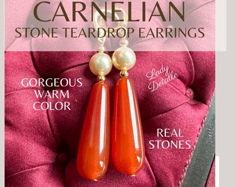 Real CARNELIAN Pearl Teardrops, Regency earrings, 16k Gold reproduction historic Jane Austen EMMA Amber CARNELIAN long stone earrings, gold