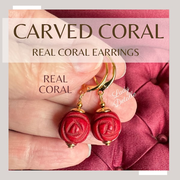 Carved Red CORAL Flower, Regency or Late Georgian, 16k Gold plated brass, Pair of reproduction historic real Coral 12mm round earrings