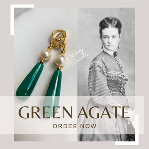 GREEN Agate Teardrop Earrings, 1930s long stone Teardrop drop earrings, 16k Gold Loops, reproduction historic, faux Jade Teardrop Pearls