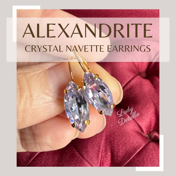 Small ALEXANDRITE Navette Earrings, 16k gold or Silver plated, vintage color changing Purple Blue CRYSTAL historic reproduction earrings