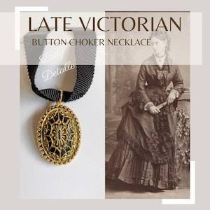 Begrenzte große viktorianische KNOPF-Band-Choker-Halskette, GROSSE Oval-Schwarz-und Goldglas recycelten viktorianischen KNÖPFEN, Reproduktion viktorianischen