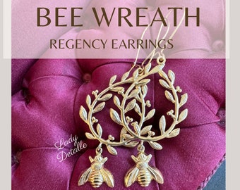 Gold Bee WREATH Earrings, Napoleonic Regency reproduction, small or large bees Laurel wreath, early 19th century 16k gold wheat jewelry