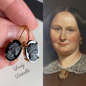 Black CAMEO MOURNING Earrings, Small, 16k gold or silver plated brass classic lever backs, Black Hematite lady CAMEO, reproduction Victorian