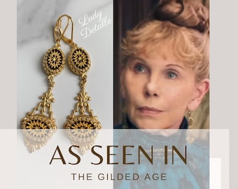 As Seen In "The GILDED Age", Victorian Fancy GOLD Black Earrings, late 19th century VICTORIAN reproduction vintage glass 16k gold earrings