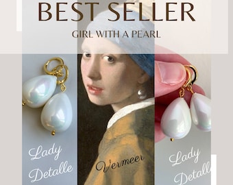 Original Girl With a PEARL Earrings, PAIR Large SHELL Pearl 16k gold or Silver plated loops, Heavy Earrings Inspired by Vermeer Painting