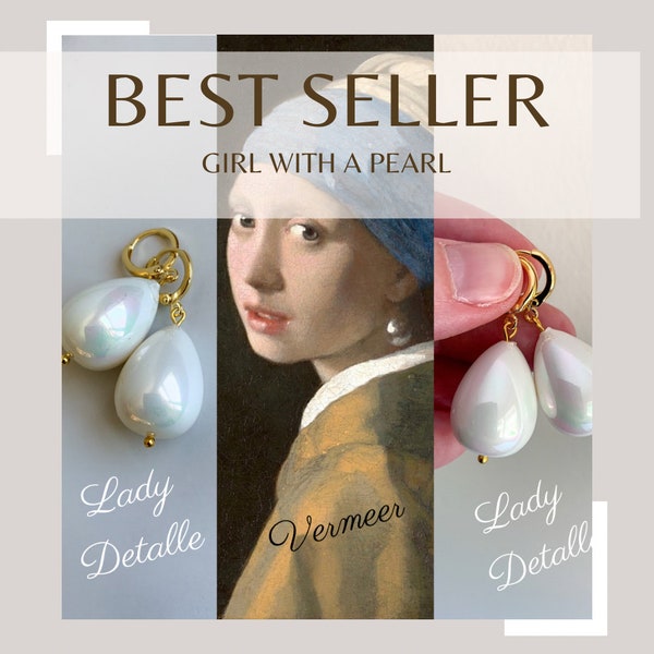 Original Girl With a PEARL Earrings, PAIR Large SHELL Pearl 16k gold or Silver plated loops, Heavy Earrings Inspired by Vermeer Painting