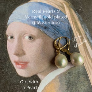 925 Vermeil Girl With a PEARL Earrings, PAIR Large real Teardrop Pearl Gold Sterling Premium earrings, Historic Inspired by Vermeer Painting image 8