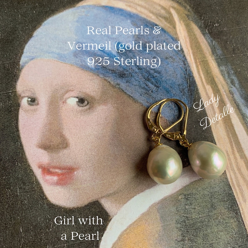 925 Vermeil Girl With a PEARL Earrings, PAIR Large real Teardrop Pearl Gold Sterling Premium earrings, Historic Inspired by Vermeer Painting image 8