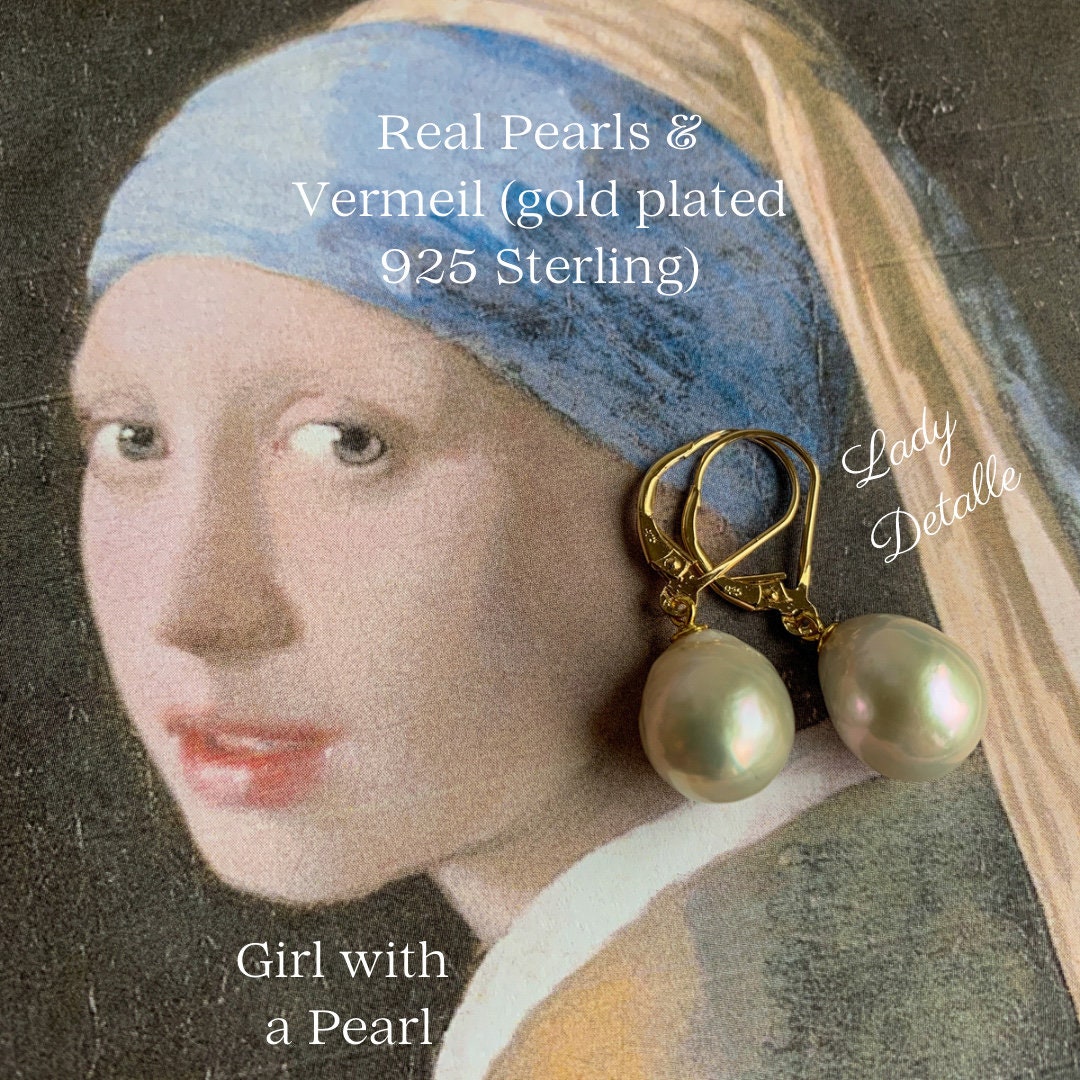 925 Vermeil Girl With a PEARL Earrings, PAIR Large Real Teardrop Pearl Gold  Sterling Premium Earrings, Historic Inspired by Vermeer Painting - Etsy