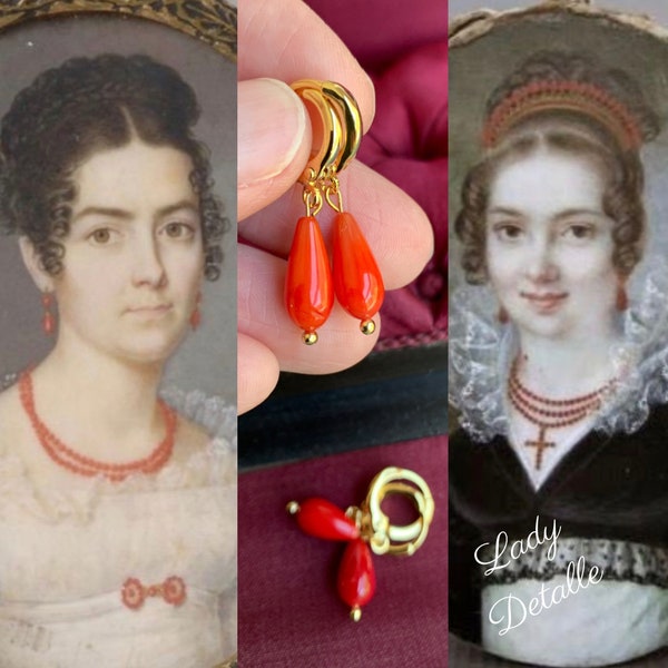 Tiny RED or Orange CORAL Teardrop Earrings, Jane Austen Gold or Silver, Natural Coral, 16k gold or Silver, REGENCY Teardrop Coral Earrings