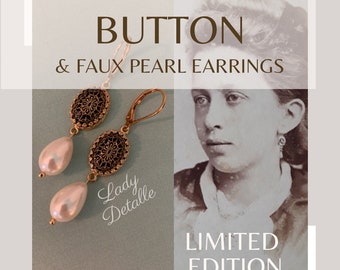 LE, Antique Victorian  BUTTON pearl earrings, Gold Black Oval GLASS Buttons, Reproduction Faux Pearl, recycled jewelry