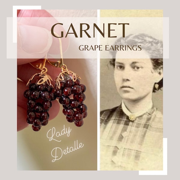 Garnet GRAPE 16k Gold Earrings by Lady Detalle, Reproduction Victorian handmade real Garnet Grapes 16k gold Jewelry summer wine wedding gift
