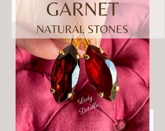 Small GARNET Navette Earrings, real natural GARNET Stones 16k gold Silver, Historic reproduction January birthstone GARNET earrings jewelry