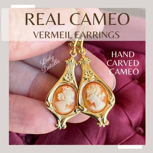 Petites boucles d&#39;oreilles CAMEO véritables, véritables CAMEOS Italie sculptés à la main, dos à levier en or VERMEIL 925 reproduction édouardienne du début du 20e