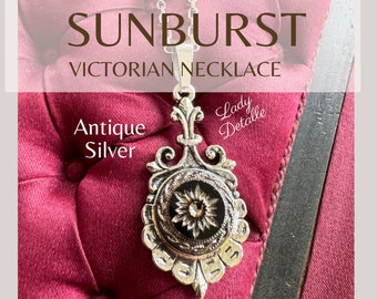 Victorian SUNBURST Necklace, Antique Silver Black Sunburst Starburst Intaglios, late 19th century historic repro late Victorian Gilded Age