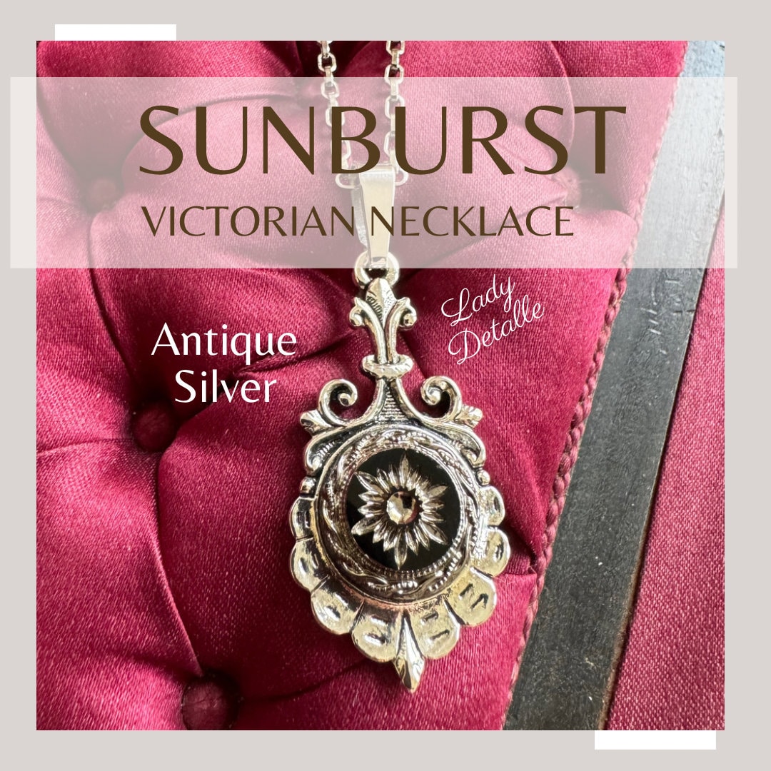 Victorian SUNBURST Necklace, Antique Silver Black Sunburst Starburst Intaglios, late 19th century historic repro late Victorian Gilded Age