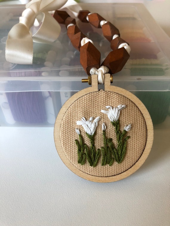 White Lily Hand Embroidered Beaded Necklace
