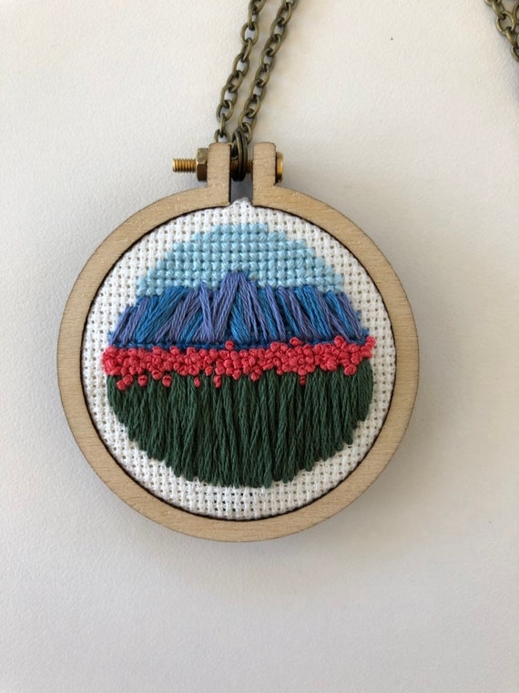 Tulips and mountain embroidered necklace