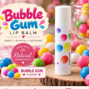 May include: A white cylindrical lip balm tube featuring a colorful pattern of small circles in pink, blue, yellow, and green. The label includes the text Bubble Gum and the words Sweet, Playful, Soothing. The tube is surrounded by various gumballs.