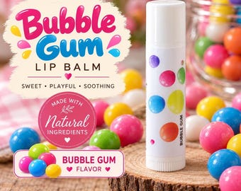 May include: A white cylindrical lip balm tube featuring a colorful pattern of small circles in pink, blue, yellow, and green. The label includes the text Bubble Gum and the words Sweet, Playful, Soothing. The tube is surrounded by various gumballs.