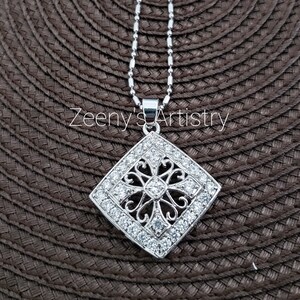 Pendant with Necklace- diamond simulated zircon victorian style 18k white gold pendant
