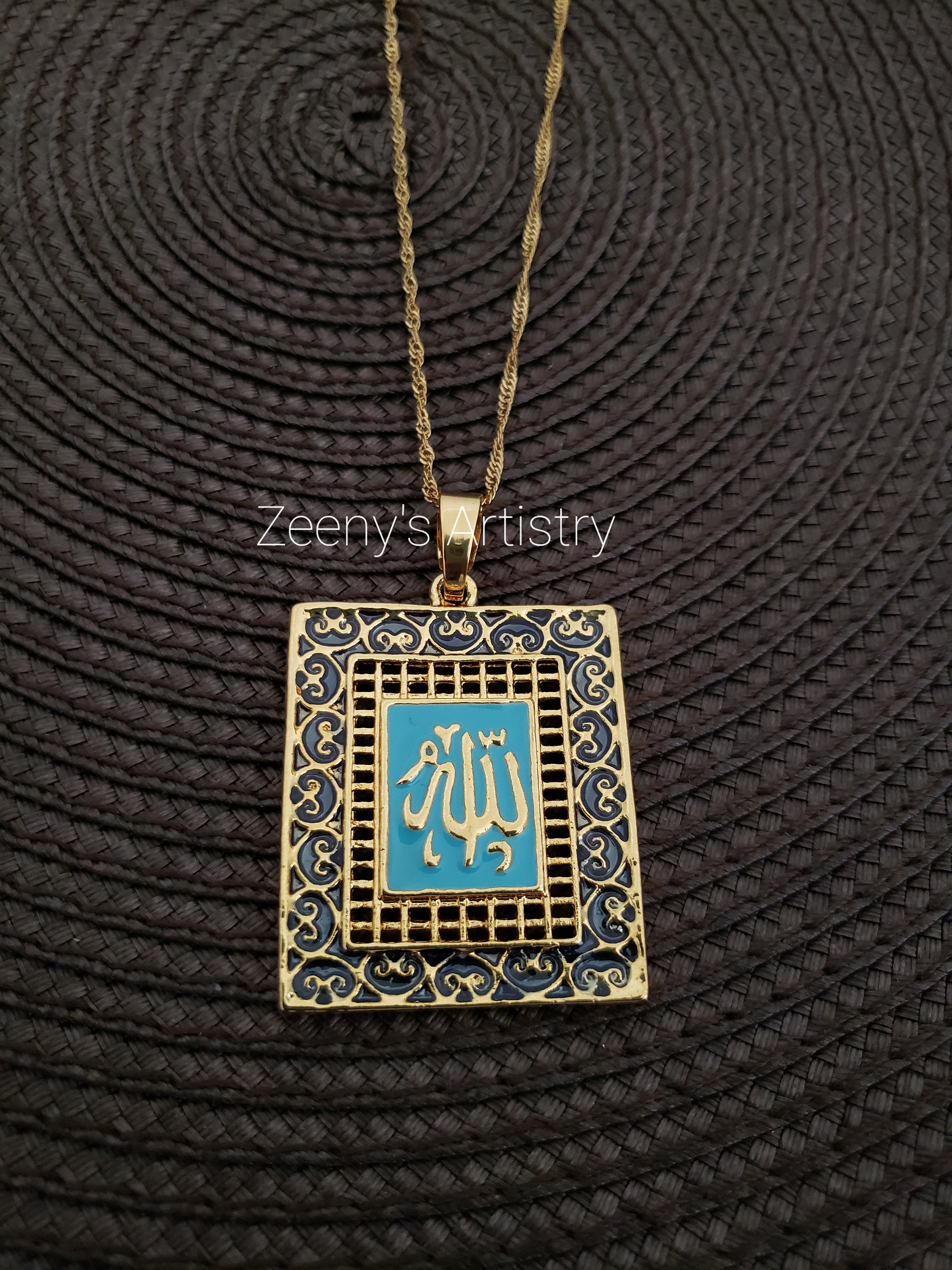 Allah Necklace With Pendant Large Black and Blue 18k Gold Plated