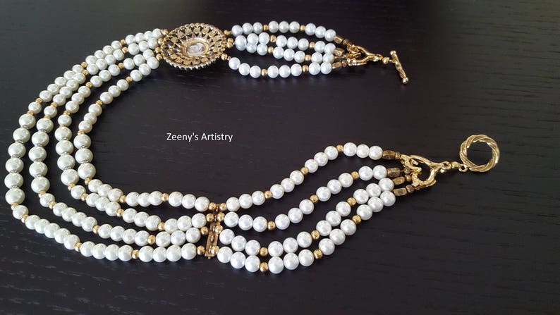 Turkish antique gold Necklace pearl and zircon stranded necklace