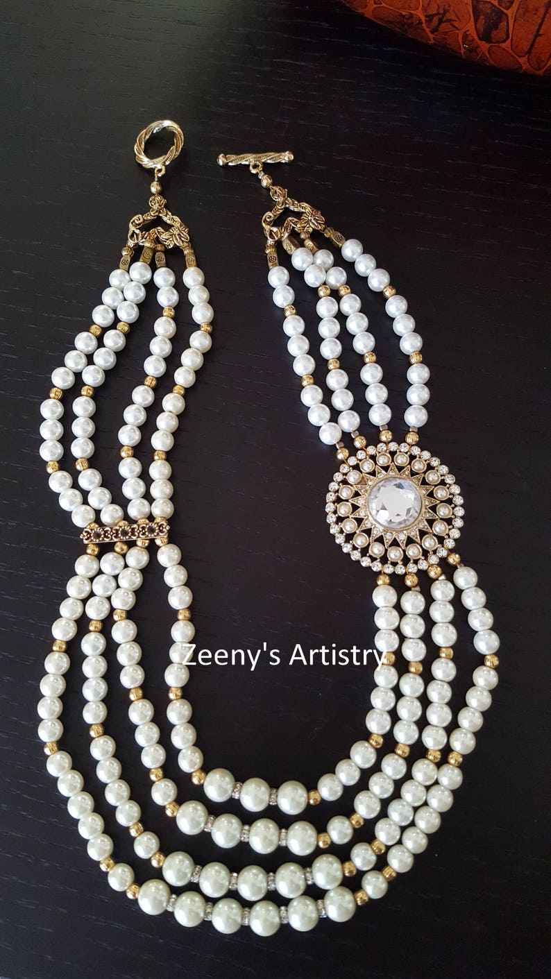 Turkish antique gold Necklace pearl and zircon stranded necklace