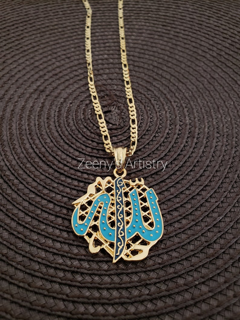 Allah Necklace With Pendant 18k Gold Plated Large Allah Blue Pendant