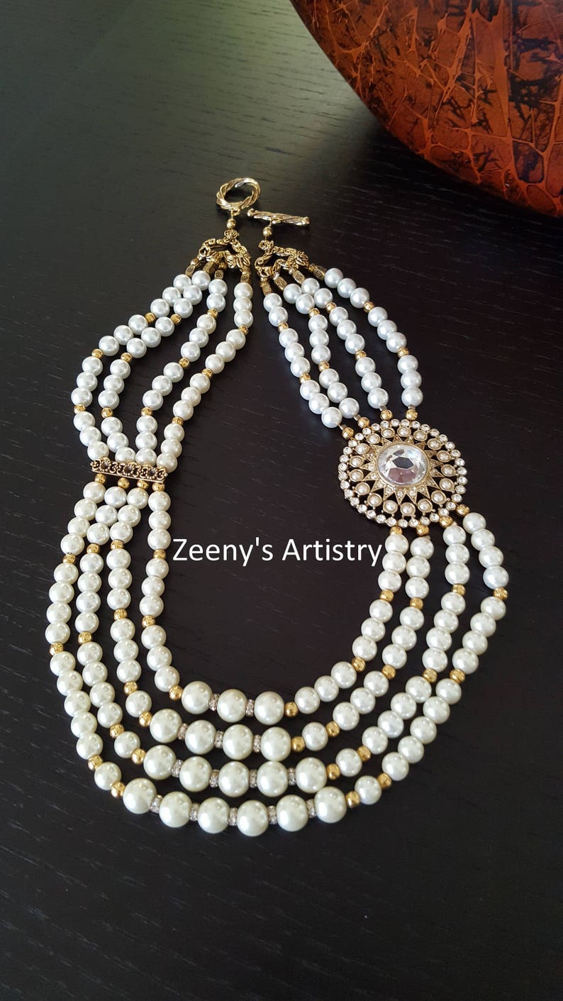 Turkish antique gold Necklace pearl and zircon stranded necklace