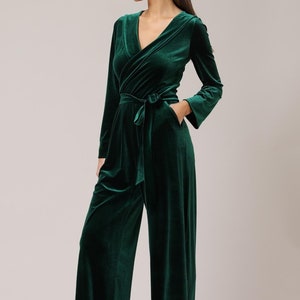 Wide leg jumpsuit, wedding guest jumpsuit, velvet bridesmaid jumpsuit, fall overalls women dark green