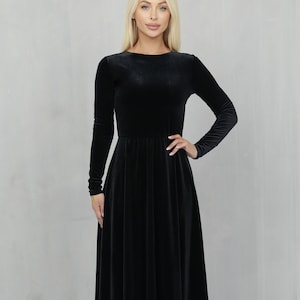 Black elegant velvet dress, long sleeve wedding guest dress, velvet bridesmaid dress maid of honor