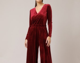 Velvet backless wide leg jumpsuit wedding guest jumpsuit formal evening jumpsuit bridesmaid velvet jumpsuit long sleeve jumpsuit