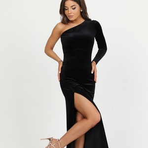 Black velvet dress, one shoulder dress velvet bridesmaid dress, evening formal dress long sleeve velvet dress