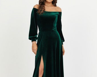 Elegant dress, velvet dress, evening dress, bridesmaid dress, off the shoulder dress, long sleeve dress, dark green dress