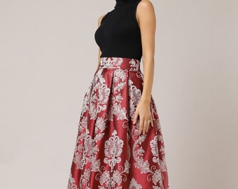 Ball Skirt, Jacquard Skirt, Formal Skirt, Long Skirt, High Waist Skirt, Evening Skirt, Burgundy Skirt, Skirt With Pockets, Skirt With Pleats