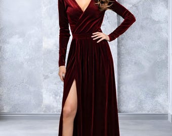 Burgundy Velvet Maxi Dress, Long Sleeve Slit Gown, Elegant Backless Bridesmaid Dress