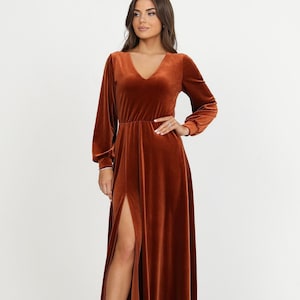 Formal Elegant Velvet Gown, Long Sleeve V Neck Dress, Bridesmaid Velvet Maxi Dress
