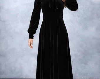 Black Velvet Maxi Dress, Long Sleeve Bridesmaid Dress, Tie Neck Formal Dress, Modest Evening Gown, Wedding Guest Dress