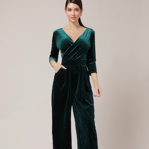 Velvet jumpsuit women wide leg velvet jumpsuit velvet bridesmaid overalls dark green