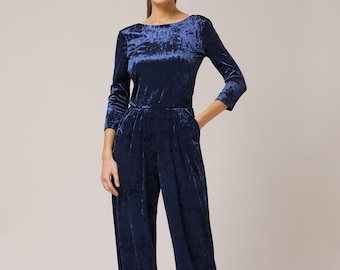 Navy blue velvet jumpsuit sale