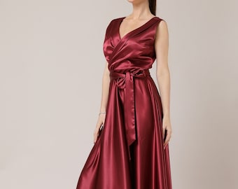 Burgundy satin dress, bridesmaid satin dress, party dress, a line summer dress, cocktail dress, satin long dress