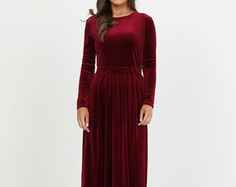 Velvet Bridesmaid Dress / Formal Dress / Long Sleeve Maxi Dress / Burgundy Dress