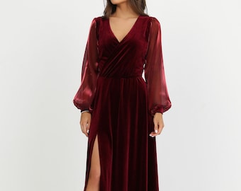 Burgundy velvet dress, wedding dress, bridesmaid dress, slit dress, long sleeve dress, bridal attire, maxi dress