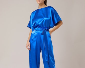 Royal Blue jumpsuit satin jumpsuit bridesmaid jumpsuit elegant jumpsuit wide leg formal jumpsuit wedding guest jumpsuit party wear occasion